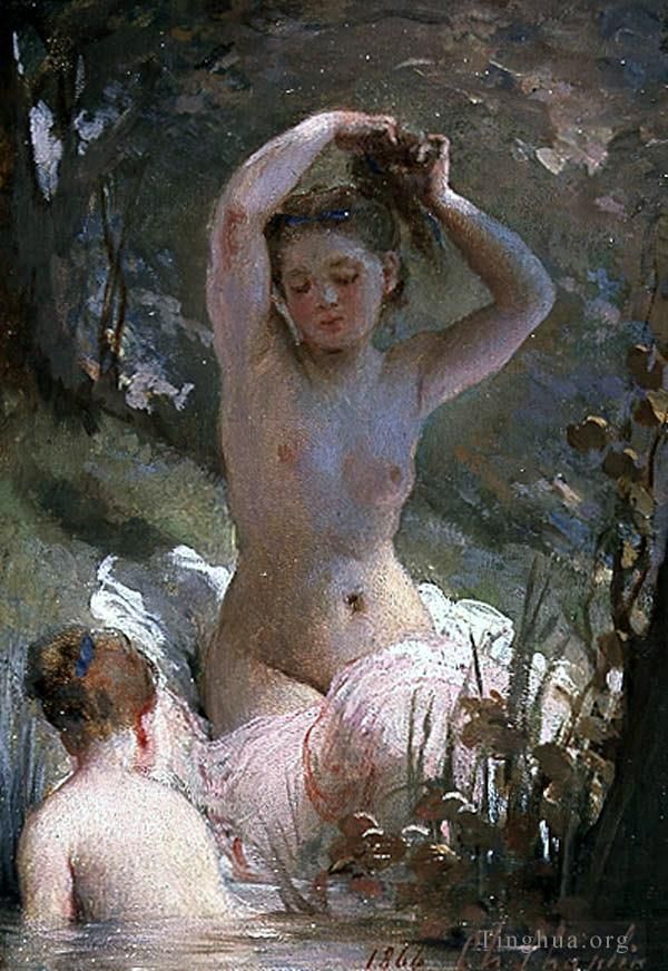 查尔斯·约书亚·卓别林 的油画作品 -  《两个女孩裸体沐浴,查尔斯·约书亚·卓别林》